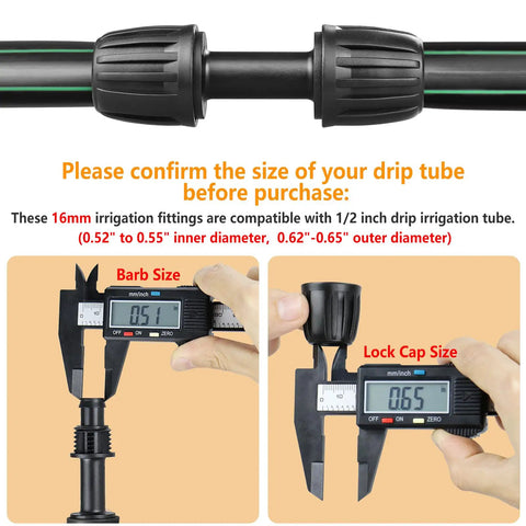 Half Inch Drip Irrigation Tubing Couplings Kit showing size compatibility with calipers, 12 Barbed Locking Connectors, 16mm OD