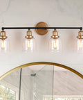 Modern Black And Gold Vanity Lights Over Mirror, Four Light Bathroom Fixture With Clear Glass Shades, 30 Inch Long Bath Vanity Bar