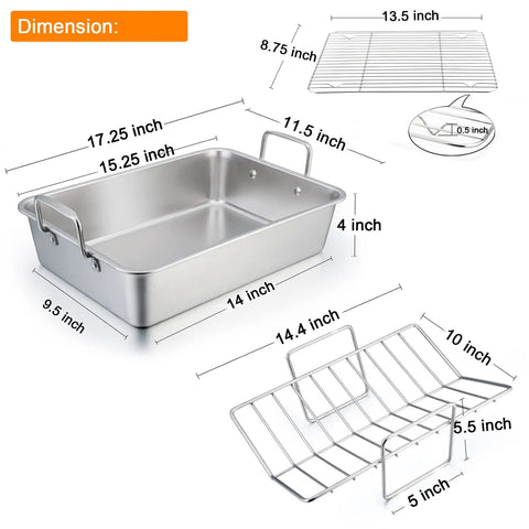 Stainless Steel Roasting Pan Set 16 Inch With V Rack And Cooling Rack For Roasting Turkey Lasagna And More Heavy Duty