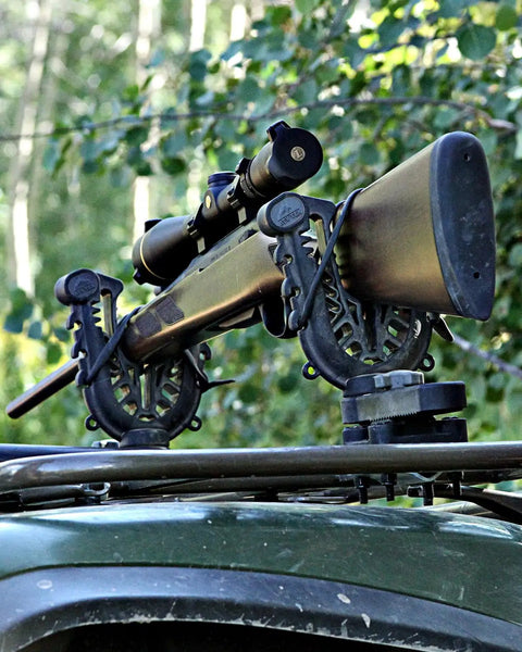 FlexGrip Pro Mounting Rack For Gun, Bow, Ice Augers And Tools, Universal ATV Fit, mounted on ATV with gun secured