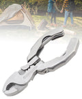 Folding Multitool Pliers 9 In 1 For Repairing And Survival On The Go with camping scene in the background