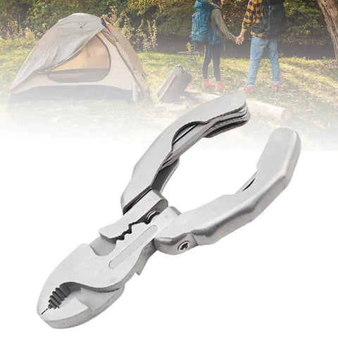 Folding Multitool Pliers 9 In 1 For Repairing And Survival On The Go with camping scene in the background