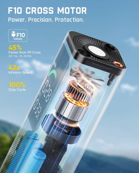 Close-up of F10 Cross motor in a 2 In 1 Cordless Tire Inflator And Air Blower Portable Air Compressor with light and power bank