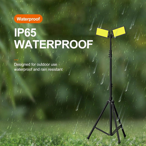 12V Dual Head LED Camping Light With Stand, 11200 Lumens Portable Work Light With Remote shown in rain, IP65 waterproof
