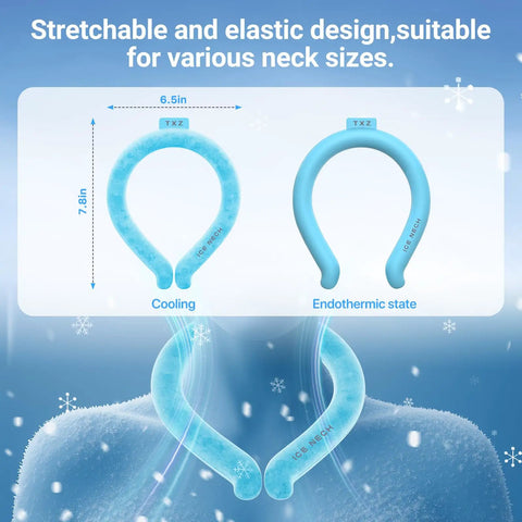 Diagram showing All Day Ice Neck Wrap for Summer Heat Relief in cooling and endothermic states, 6.5x7.8 inches blue tube.