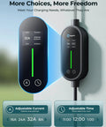 Level 2 Portable EV Charger 32A 240V With NEMA 14-50 Plug, displaying LED indicators and adjustable settings