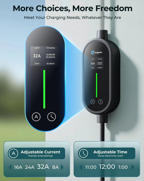 Level 2 Portable EV Charger 32A 240V With NEMA 14-50 Plug, displaying LED indicators and adjustable settings