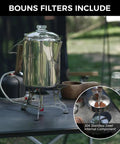 Percolator Coffee Pot For Campfire Ready Hit The Trail 9 Cup Stainless Steel Kettle With Wood Handle on outdoor table