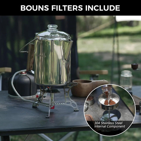 Percolator Coffee Pot For Campfire Ready Hit The Trail 9 Cup Stainless Steel Kettle With Wood Handle on outdoor table