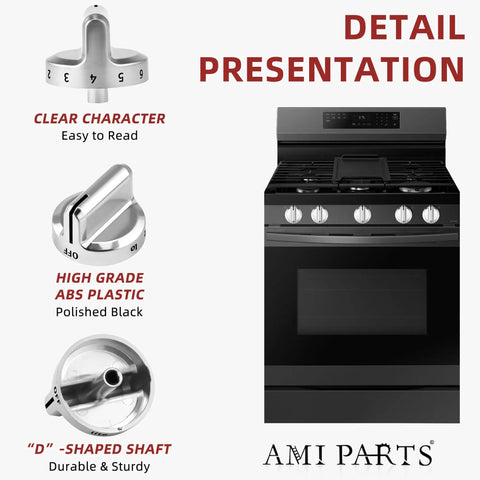 Detail view of Frigidaire Gas Range Stove Knobs Replacement Kit with durable ABS plastic and universal shaft.