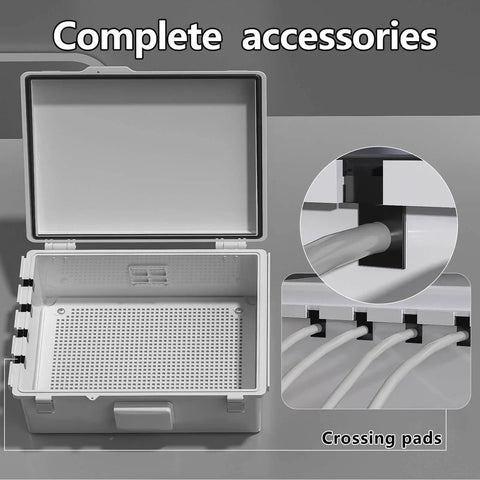 Open Tough As Nails Electrical Junction Box With Ventilated ABS Housing, showing integrated cable grommets and crossing pads.