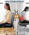 Comparison of ergonomic memory foam seat cushion for office chair and car seat versus a flat cushion showing pain relief features.