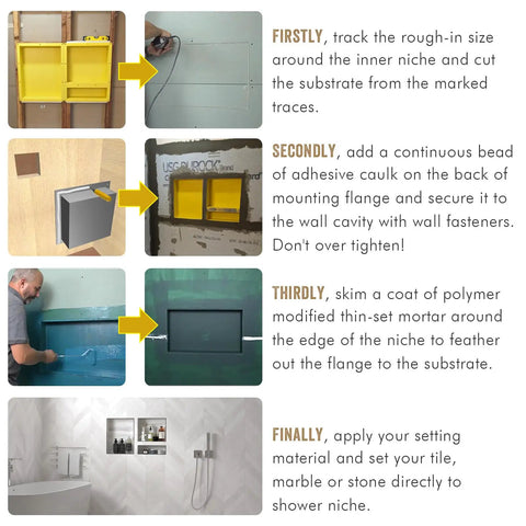 Step-by-step installation of 2-In-1 Shower Niche Ready To Tile Recessed Bathroom Storage Shelf 16x28 Inch in bathroom wall.
