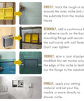Installation steps for Shower Niche Tile Ready Organizer Set 32 By 20 Inches with shelves, yellow ABS material, in bathroom.