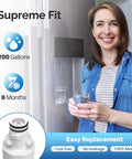 Woman holding a glass of water near fridge, emphasizing Fridge Water Filter Replacement 3 Pack For LG LT1000P And Kenmore 9980.