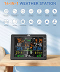 14 In 1 Wireless Weather Station With Outdoor Sensor And Radio Controlled Clock Includes Rain Gauge Wind Speed And Direction Moon Phase Wind Chill Outdoor Dew Point And Barometer No WiFi For Real Time Weather Intel And Tracking At Home on wooden table