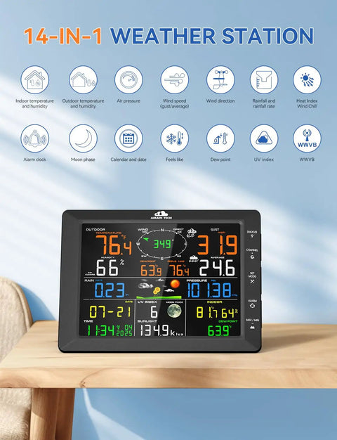 14 In 1 Wireless Weather Station With Outdoor Sensor And Radio Controlled Clock Includes Rain Gauge Wind Speed And Direction Moon Phase Wind Chill Outdoor Dew Point And Barometer No WiFi For Real Time Weather Intel And Tracking At Home on wooden table