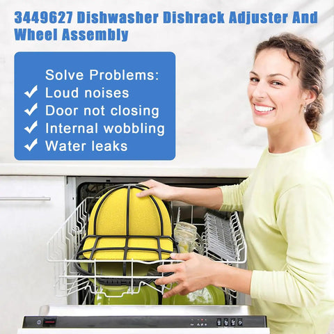 Woman loading dishes in dishwasher with 3449627 Dishwasher Dishrack Adjuster and Wheel Assembly, solving common issues.