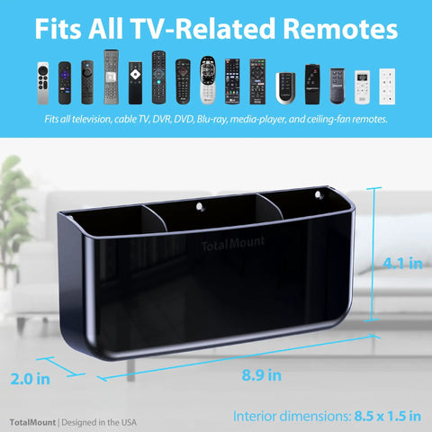 Hole-Free Remote Holder With Adhesive Mount, No Drilling Required, for 3 or 4 remotes, Premium Black, Designed In The USA.