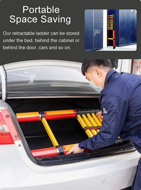 Person storing Grab This Bad Boy Compact Fiberglass Telescoping Ladder For Electrical Work That Is Super Sturdy Non Conductive With Wide Anti Slip Treads And Secure Locks Handling Three Hundred Thirty Pounds Like A Champ In Two To Six Meter Sizes in a car trunk.