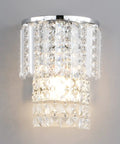 Crystal Hardwired Wall Light With Chrome Finish Sconce And K9 Acrylic Crystal Drops Shade For A Dope Modern Bedroom And Living Room Lighting Setup Easy 110 To 220V USA Installation shown illuminated with acrylic drops.