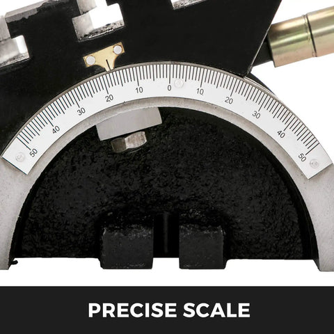 Close-up of precise scale on Tilting Milling Table 7x5 Inch With 0 To 45 Degree Adjustable Swivel Angle Plate 3 T Slots Heavy Duty Crank Handle Cast Iron Milling Jig For Grinding And Precision Machining.