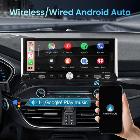 Single Din Car Stereo With Wireless Apple CarPlay And Android Auto 6.9 Inch IPS Touchscreen Bluetooth 5.2 shown in a car dashboard