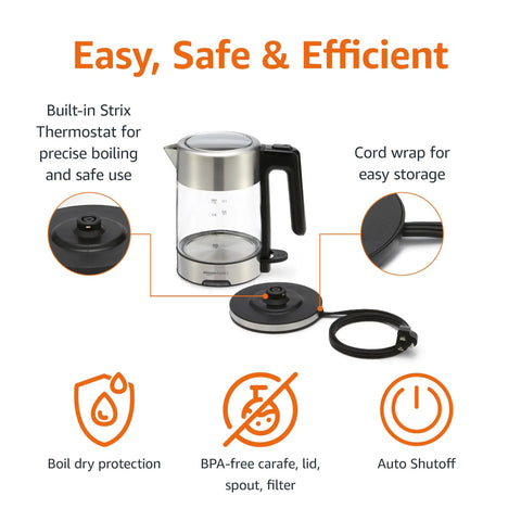 Electric Kettle With Glass Carafe For Tea And Coffee, BPA Free, Fast Boil, Auto Shut Off, Boil Dry Protection, 1.7 Liter, 1500W