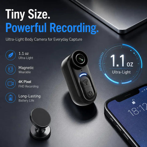 4K Mini Wearable Body Camera With 64GB Magnetic Thumb Size Action Cam shown on desk with phone and magnetic mount
