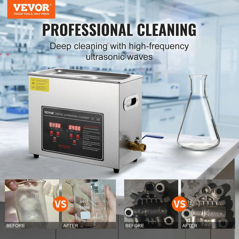 Heavy Duty 6L Ultrasonic Cleaner With Digital Timer And Heater Killer Performance For Watches Glasses Rings And Small Circuit Boards Squeaky Clean Pro Grade Washing System with stainless steel design and digital display.