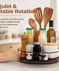 Sweetly Spinning 10 Inch Lazy Susan Turntable Organizer For Kitchen Counters Cabinets And Pantries With Silent 360 Swivel Handles and rugged wood metal build holding various kitchen condiments.