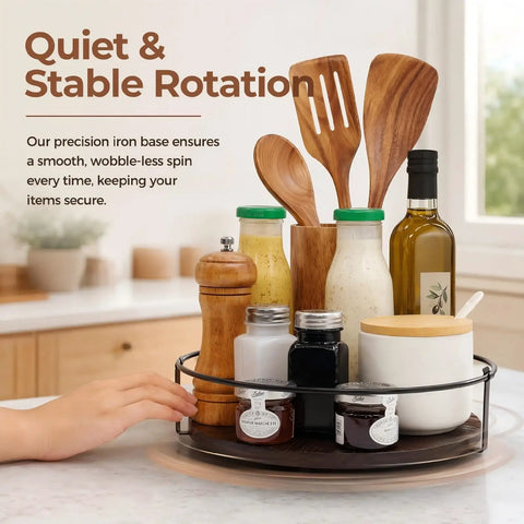 Sweetly Spinning 10 Inch Lazy Susan Turntable Organizer For Kitchen Counters Cabinets And Pantries With Silent 360 Swivel Handles and rugged wood metal build holding various kitchen condiments.
