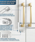 Adjustable 4-Digit Combination Cabinet Lock Padlock For Gym School Fences And Drawers Keyless U-Shaped Handle Lock For Knobs Doors Closets Baby Safety Easy Slide Code Lock shown securing closet doors with a silver zinc alloy lock body and combination dials.