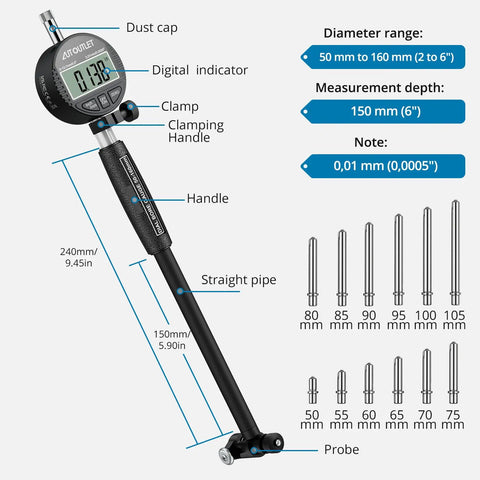 Digital Dial Bore Gauge Set 50-160mm (2-6 In) With 0.01mm Resolution, 12 Anvils, deep hole measurement tool diagram showing components