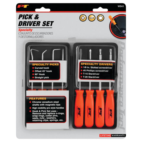 8 Piece Specialty Pick and Driver Set With Scraper, Pro Grade Precision Picks and Hooks in retail packaging.