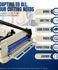 Heavy Duty 12 Inch Guillotine Paper Cutter For A4 Papers Up To 400 Sheets with metal base, shown with various material icons.