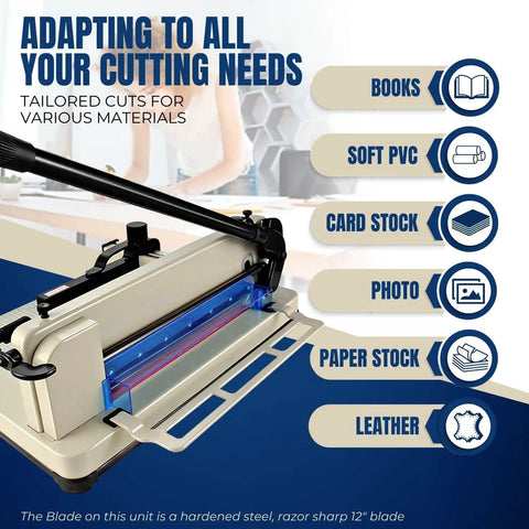 Heavy Duty 12 Inch Guillotine Paper Cutter For A4 Papers Up To 400 Sheets with metal base, shown with various material icons.