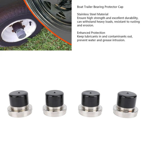 Four Pack Boat Trailer Bearing Protector Caps Stainless Steel Wheel Bearing Covers Dust Caps 2.717 Inch Enhanced Dual Side Protection Keeps Grease In Blocks Water Dirt Rust Resistant Easy Install shown with close-up of caps on trailer wheel.