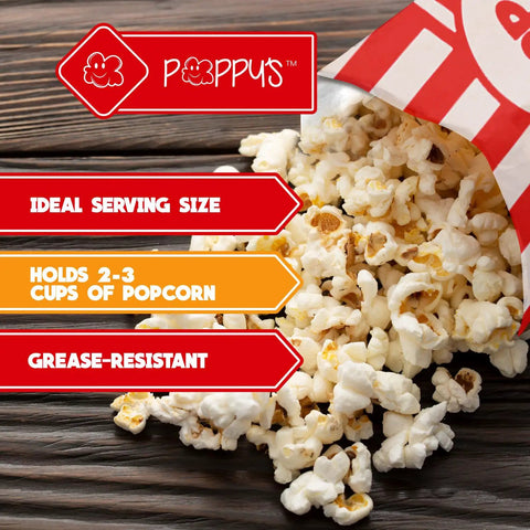 Carnival Themed 200 1oz Paper Popcorn Bags Concession Grade For Popcorn Machines And Popcorn Bars Perfect For Movie Nights Parties And Concessions Snack Station Supplies, red-and-white bag spilling popcorn, close-up view