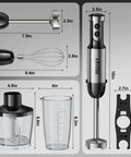Tough As Nails Handheld Immersion Blender With Twenty Speed Settings And Turbo Boost 1200W hand mixer with measurements and attachments.