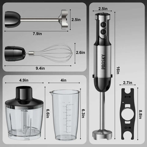 Tough As Nails Handheld Immersion Blender With Twenty Speed Settings And Turbo Boost 1200W hand mixer with measurements and attachments.
