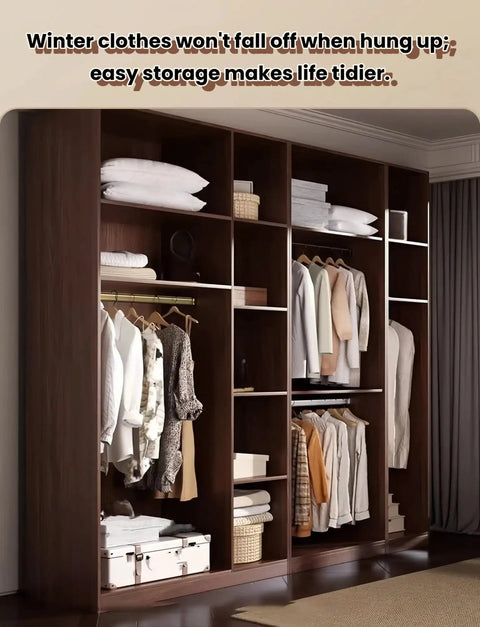 Open wardrobe showing Heavy Duty Wardrobe Rail With Space Saving Hanging Rod And Quiet Glide Closet Organizer, coats neatly hung.