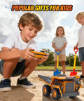 Kids play with Remote Control Dump Truck With 360 Degree Rotation And Lights Kid Friendly Nine Channel RC Construction Toy outdoors.