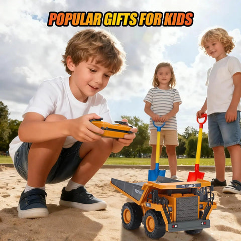 Kids play with Remote Control Dump Truck With 360 Degree Rotation And Lights Kid Friendly Nine Channel RC Construction Toy outdoors.