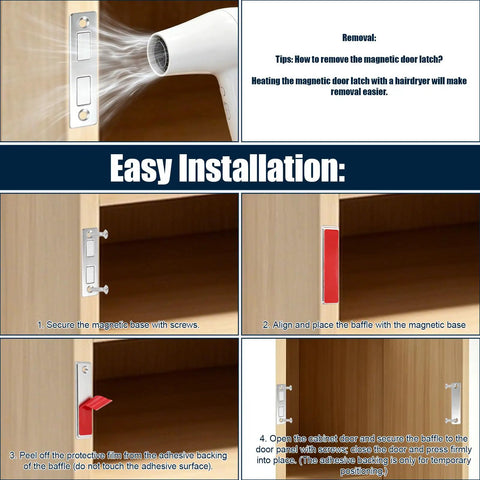 Premium Stainless Steel Magnetic Door Catch With Adhesive Strips And Screws Ideal For Securing Cabinet Doors Smoothly, installation guide steps.