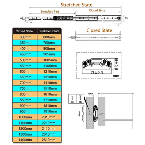 Heavy Duty 10 Inch Ball Bearing Drawer Slides Lockable Full Extension Cabinet Runners Industrial side mount size chart and dimensions.