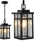 Top Shelf Black Outdoor Pendant Light For Porch With Water Ripple Glass Panels And Sleek Square Metal Frame Weatherproof Exterior Hanging Lantern Real Deal Farmhouse Glow Quick Setup on chain mount.