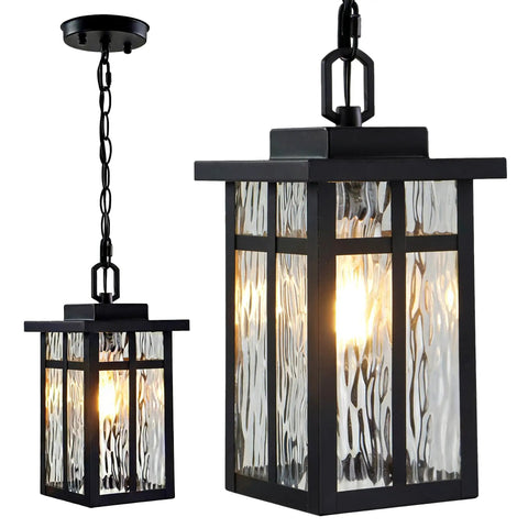 Top Shelf Black Outdoor Pendant Light For Porch With Water Ripple Glass Panels And Sleek Square Metal Frame Weatherproof Exterior Hanging Lantern Real Deal Farmhouse Glow Quick Setup on chain mount.