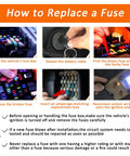 How to replace a fuse visual guide showing steps and tools for using Built Tough Standard Blade Fuses Assortment Kit 30 Pack Automotive Electrical Replacement.