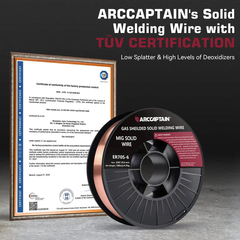 Pro Grade Mig Welding Wire 0.030 ER70S6 10 Lb Spool Low Splatter For Steel Smooth Feed And Deep Penetration Compatible With Lincoln Miller Forney Harbor Welders displayed with TÜV certification